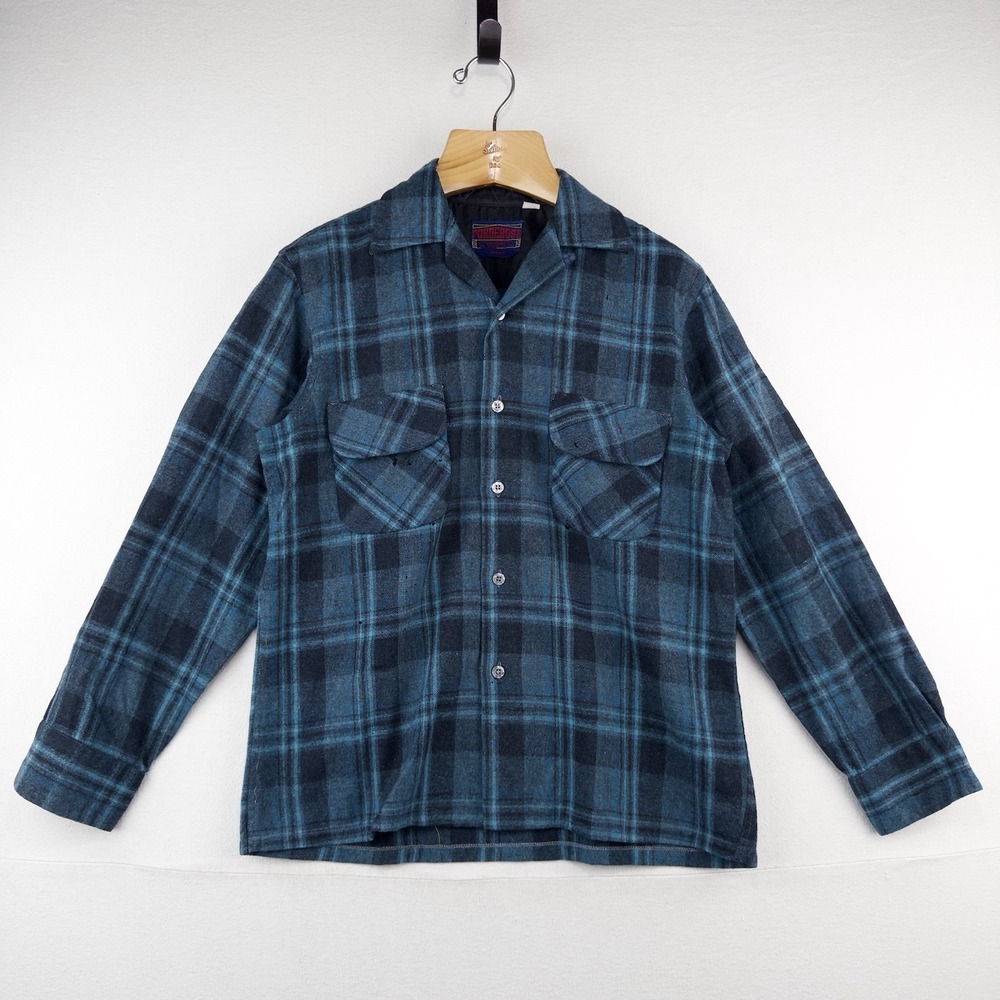 50's Vtg Ponderosa Virgin Wool Blend Flap Pocket Blue Plaid Flannel Work Shirt